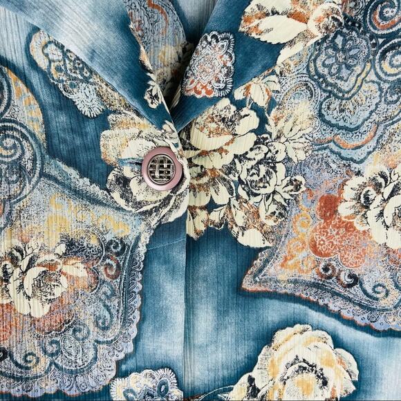Vintage blue cream brown floral rose button front boho 80s 90s shirt top large - Picture 4 of 9